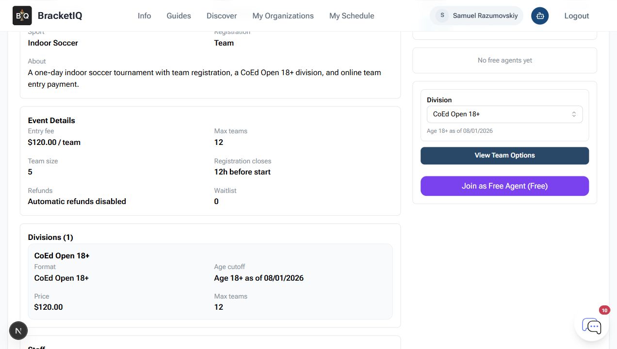 Public BracketIQ tournament page showing entry fee, max teams, division selection, and team registration controls