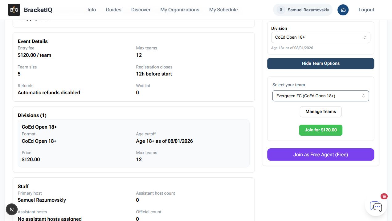 BracketIQ team registration options showing an existing team selected and the paid join button enabled