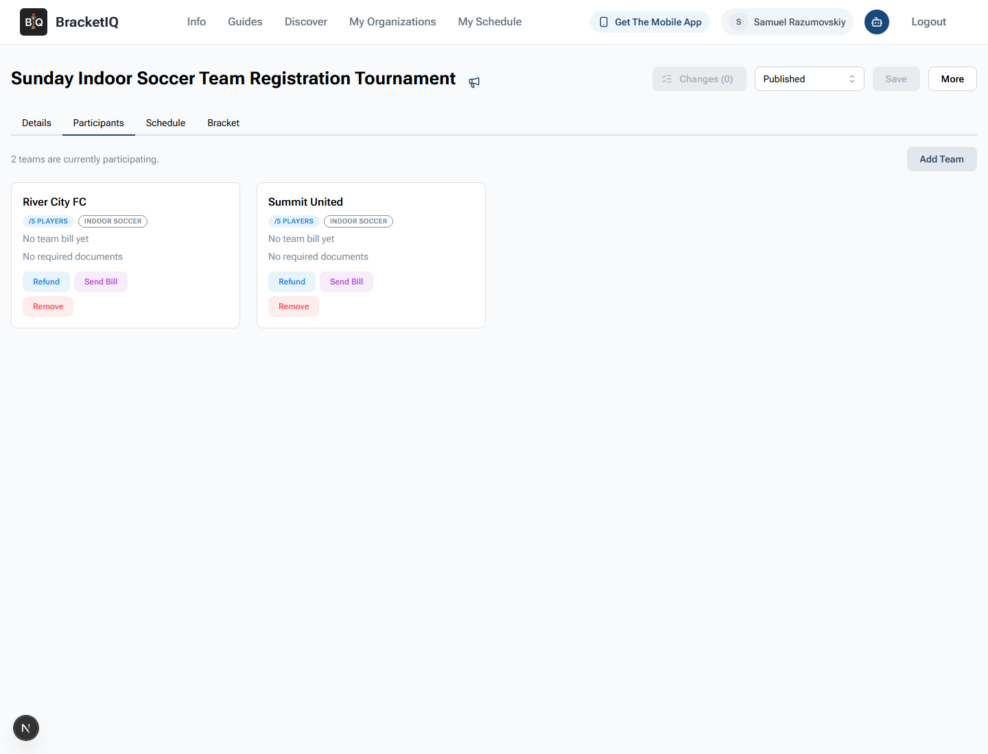 BracketIQ tournament participants tab showing two registered teams, billing actions, document status, and an Add Team button