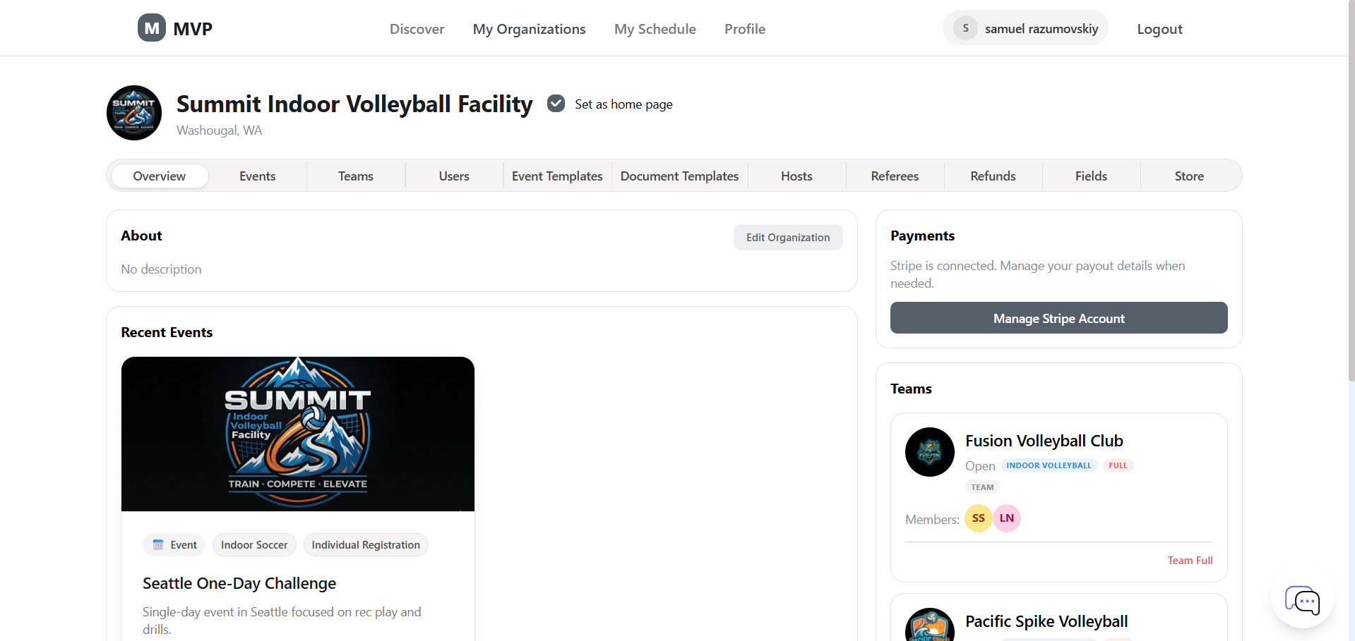 Web organizer organization home dashboard screenshot